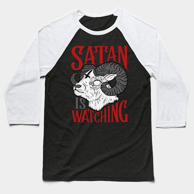 Satan is Watching T-Shirt I Satanic Goat Baseball T-Shirt by biNutz